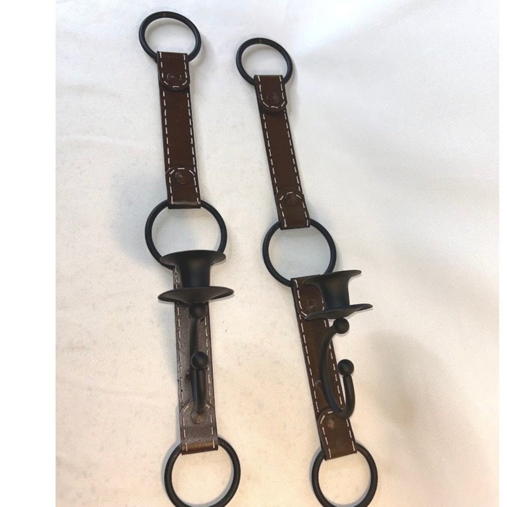 Pair Wrought Iron Candlestick Holders Faux Leather Equestrian Cowboy Western